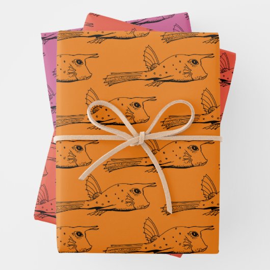 Kuh Fisch Wassertiere Muster Orange Red Lila Geschenkpapier Set (Beispiel)