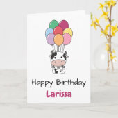 Kuh fliegt mit farbenfroher Balloonkarte auf Karte (Gelbe Blume)