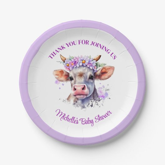 Kuh Floral Lila Baby Dusche Pappteller (Vorderseite)