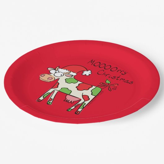 Kuh Funny Cartoon Weihnachtsfeiertag Pappteller (Schrägansicht)