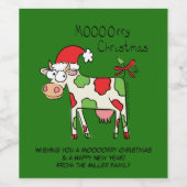 Kuh Funny Cartoon Weihnachtsfeiertag Weingeschenk Weinetikett (Einzelnes Label)