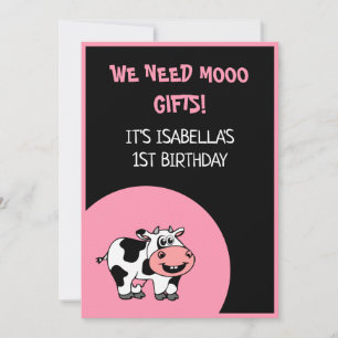 Kuh Funny Farm Animal Thema Girl 1. Geburtstag Inv Einladung