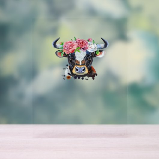 Kuh gekrönt mit Blume Klassischer T - Shirt Acrylschild (Neutral)