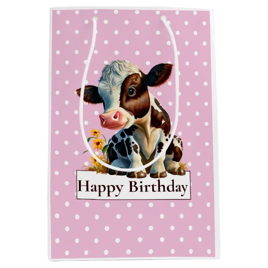Kuh Happy Birthday Daisy Pink Mittlere Geschenktüte (Vorderseite)
