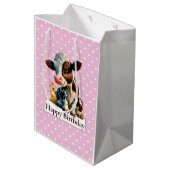 Kuh Happy Birthday Daisy Pink Mittlere Geschenktüte (Rückseite Schrägansicht)
