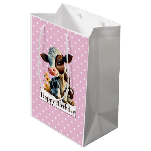 Kuh Happy Birthday Daisy Pink Mittlere Geschenktüte (Rückseite Schrägansicht)