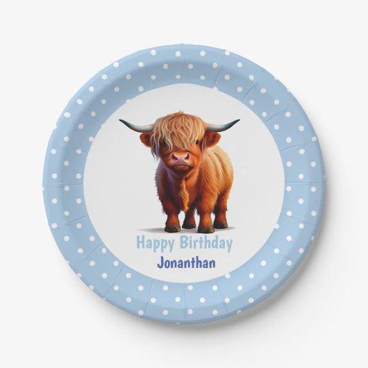Kuh Highland Blue Birthday Pappteller (Vorderseite)