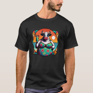 Kuh im Blumenbadeanzug mit tropischem Getränk und T-Shirt