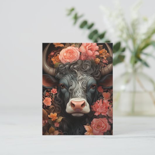 Kuh in den rosa Blume Postkarte (Stehend Vorderseite)