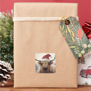 Kuh in der Weihnachtsmannmütze Weihnachten Feierta Quadratischer Aufkleber