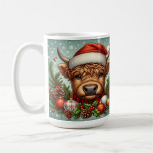 Kuh in Weihnachtsmannmütze umgeben von Weihnachtss Kaffeetasse