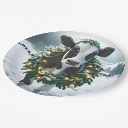 Kuh mit einem Weihnachtskranz Pappteller (Schrägansicht)