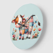 Kuh mit floralen Akzenten Große Wanduhr (Winkel)