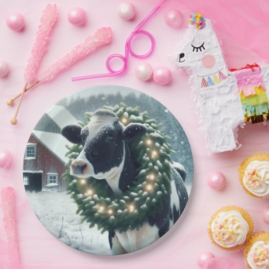 Kuh mit glühendem Weihnachtskranz Pappteller (Party)