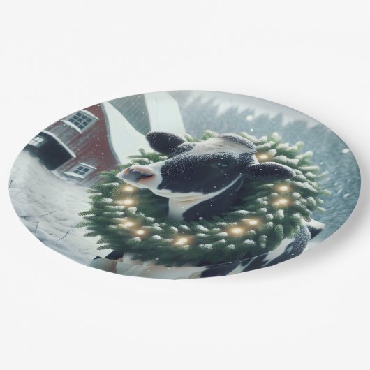 Kuh mit glühendem Weihnachtskranz Pappteller (Schrägansicht)