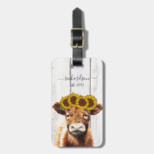 Kuh mit Sonnenblumen-Krone Farmhouse-Stil-Tasche Gepäckanhänger
