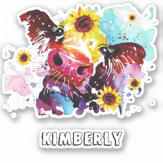 Kuh mit Sonnenblumen, maßgeschneidert Vinyl Sticke Aufkleber (Vorderseite)