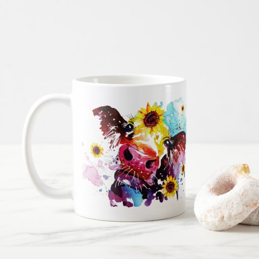 Kuh mit Sonnenblumen Personalisierte Wasserfarbe Kaffeetasse (Mit Donut)