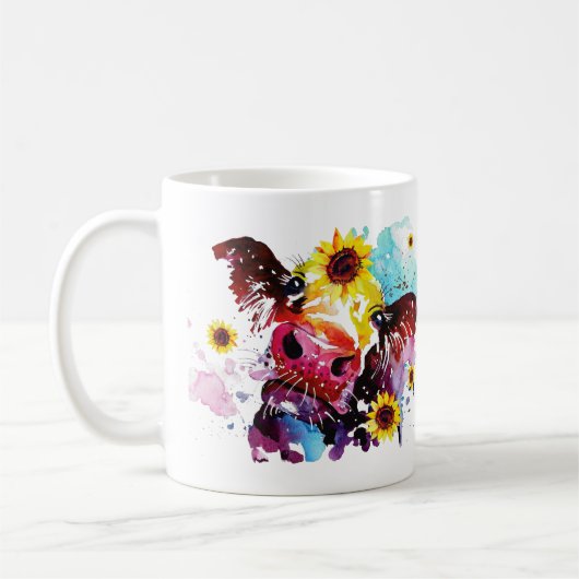 Kuh mit Sonnenblumen Personalisierte Wasserfarbe Kaffeetasse (Links)