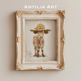 Kuh mit Strohhut Whimsisches Farm Animal Calf Poster