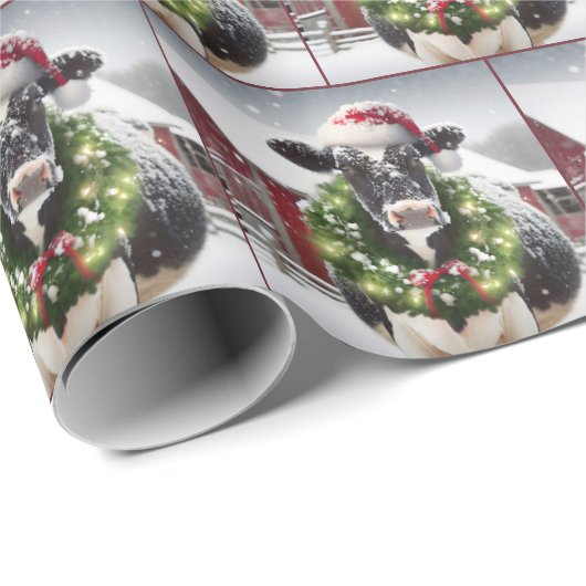 Kuh mit Weihnachtskranz Geschenkpapier (Rolleneckpunkt)