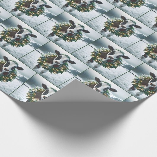 Kuh mit Weihnachtskranz Geschenkpapier (Ecke)
