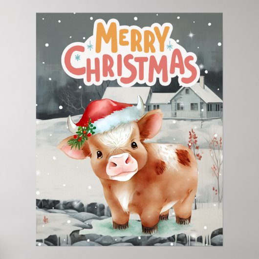 Kuh mit Weihnachtsmannmütze im Winter Poster (Vorne)