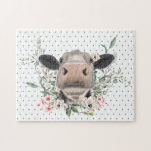 Kuh Nasenkuss Blumen Aquarell grau Bauernhoftier Puzzle