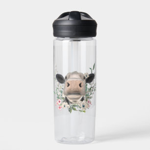 Kuh Nasenkuss Blumen Aquarell grau Bauernhoftier Trinkflasche