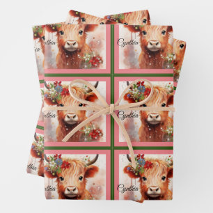 Kuh Niedliches Weihnachtskind Name Rosa hinzufügen Geschenkpapier Set