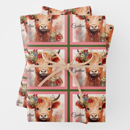 Kuh Niedliches Weihnachtskind Name Rosa hinzufügen Geschenkpapier Set (Beispiel)
