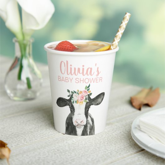 Kuh Pink Floral Gingham Pappbecher (In Situ)