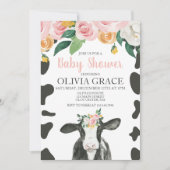 Kuh Pink Floral und Gingham Baby Dusche Einladung (Vorderseite)
