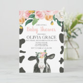 Kuh Pink Floral und Gingham Baby Dusche Einladung (Stehend Vorderseite)