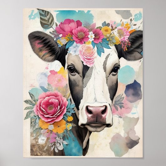 Kuh Portrait Floral Mixed Media Collage Poster (Vorne)