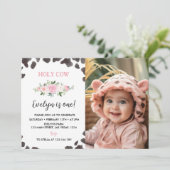 Kuh Print Birthday Floral Foto Einladung (Stehend Vorderseite)