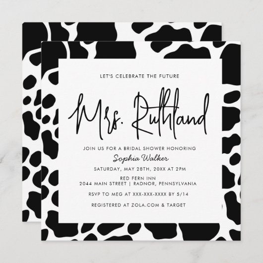 Kuh Print Future Frau Black & White Brautparty Einladung (Vorne/Hinten)