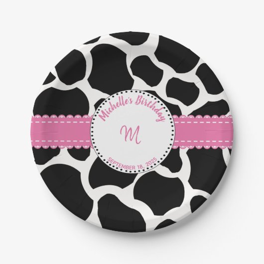 Kuh Print Pink Black Birthday Paper Plate Pappteller (Vorderseite)