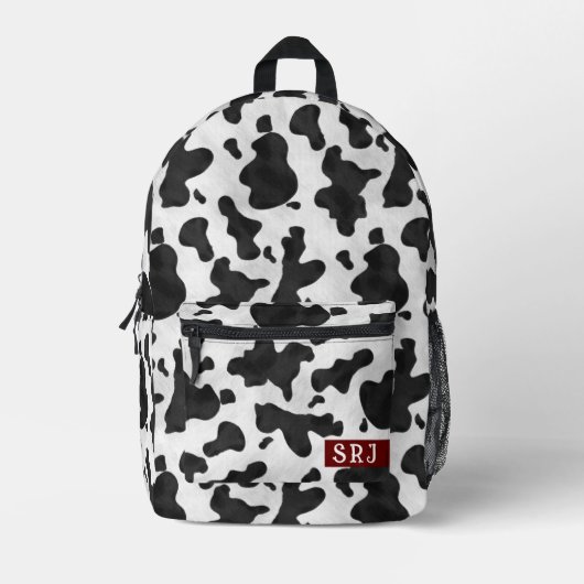 Kuh Print Western Animal Spots Muster Mit Monogram Bedruckter Rucksack (Vorderseite)