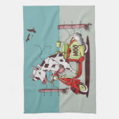 Kuh reitet auf einem Vintagen Motorrad Geschirrtuch (Vertikal)