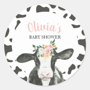 Kuh Rosa Blumenmuster und Gingham-Baby-Party Runder Aufkleber
