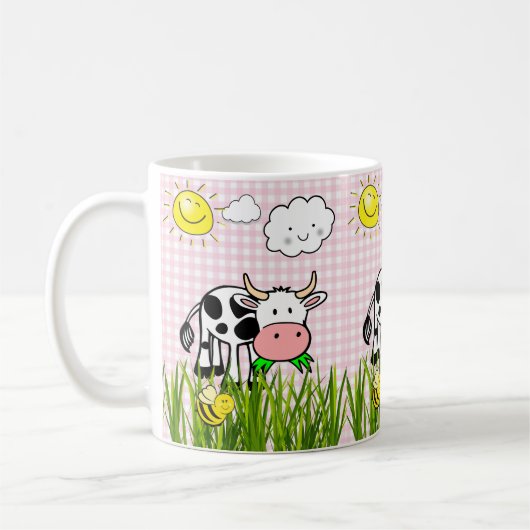 Kuh Rosa Karierte Blumenwolken Tasse (Links)
