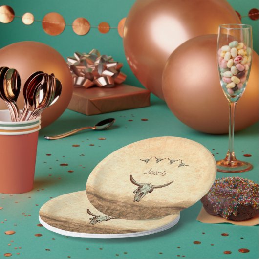 Kuh Schädel Braun Western Land Rustikaler Stil Pappteller (Multi)