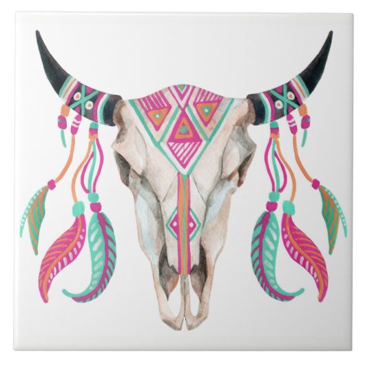 Kuh-Schädel mit Traumfängern Fliese (Vorderseite)