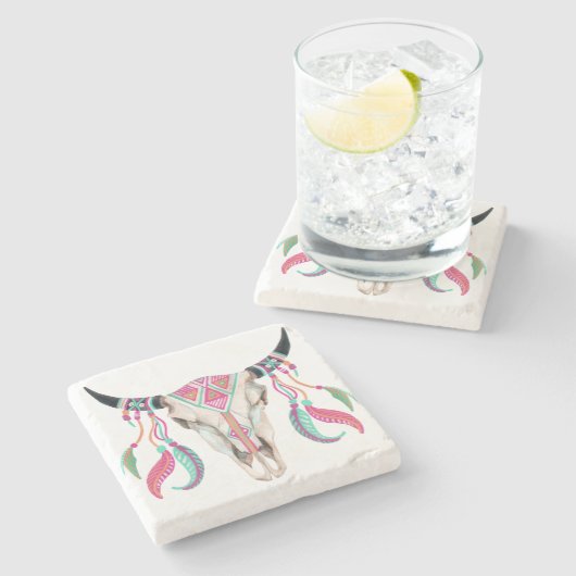 Kuh-Schädel mit Traumfängern Steinuntersetzer (Seitenansicht)