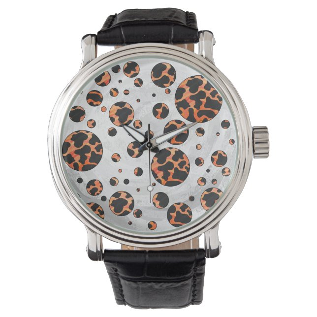 Kuh Schwarz und Orange Polka Dot Print Armbanduhr (Vorderseite)