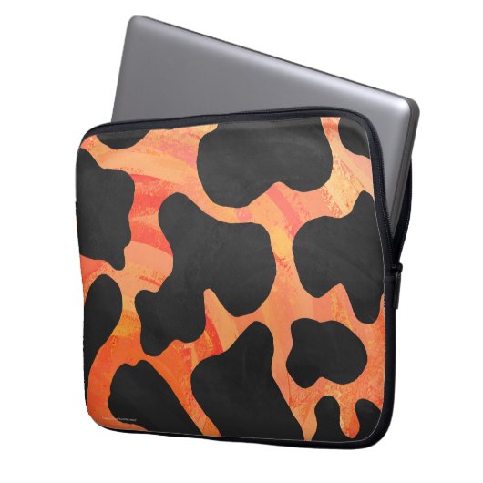 Kuh Schwarz und Orange Print Laptopschutzhülle (Vorderseite Links)