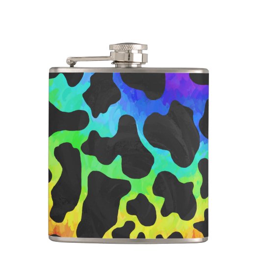 Kuh Schwarz und Regenbogen Druck Flachmann (Vorderseite)