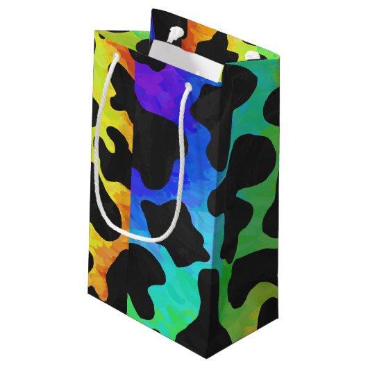 Kuh Schwarz und Regenbogen Druck Kleine Geschenktüte (Rückseite Schrägansicht)
