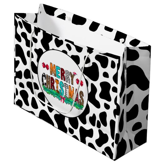 Kuh Schwarz-weiße Patches Frohe Weihnachten Große Geschenktüte (Vorderseite Schrägansicht)